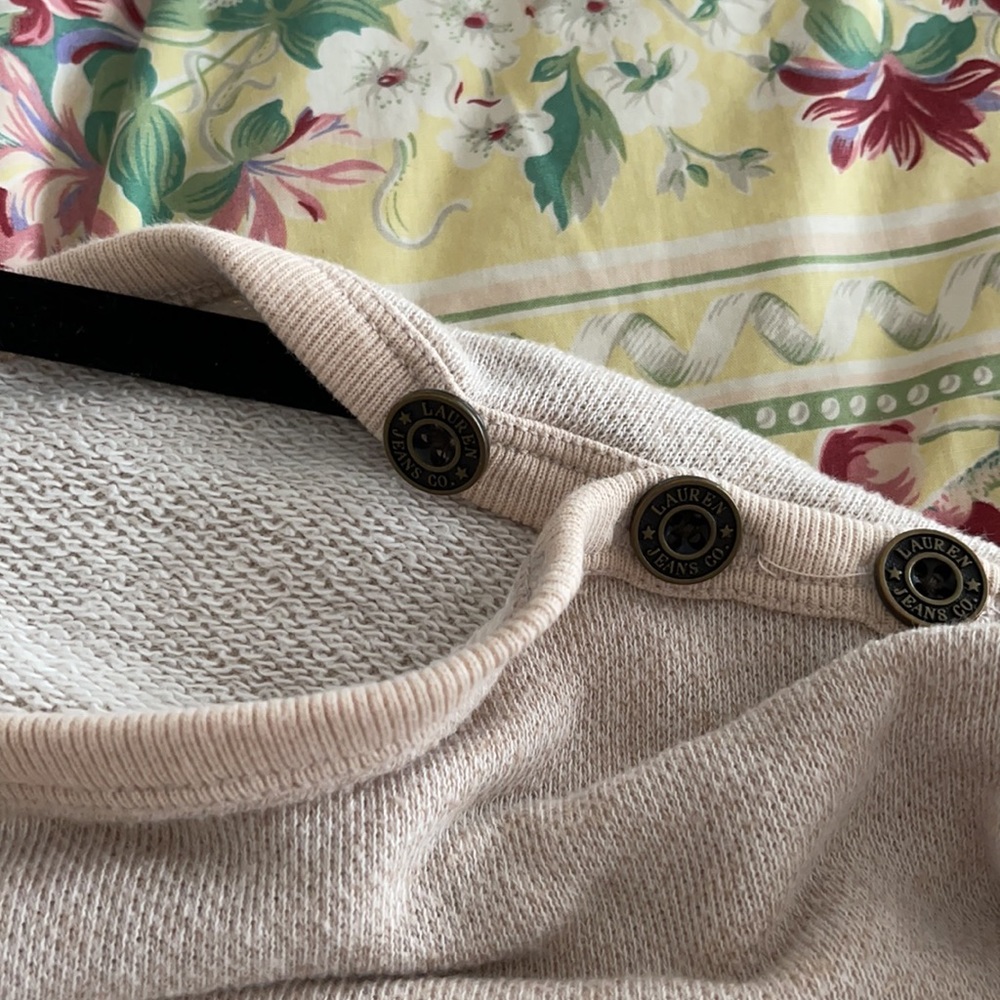 Ralph Lauren Beige French Terry Sweatshirt LRL Shoulder Buttons Drawstring Hem - Picture 8 of 13